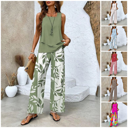 Dames Trendy Print 2-delige Outfits Mouwloze Topp & Broek