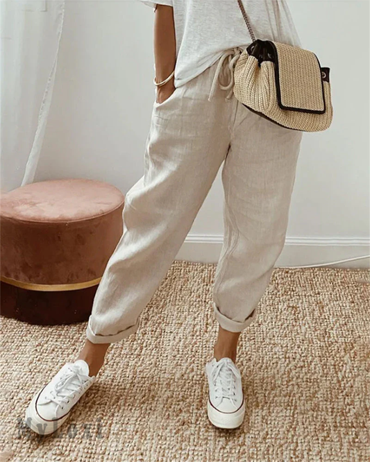 👖🌞Casual bomulls- og linbukser for kvinner – pustende, høy midje og ankelengde eleganse🤍
