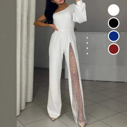 💕Utslått jumpsuit i glitrende mesh med én skulder for kvinner