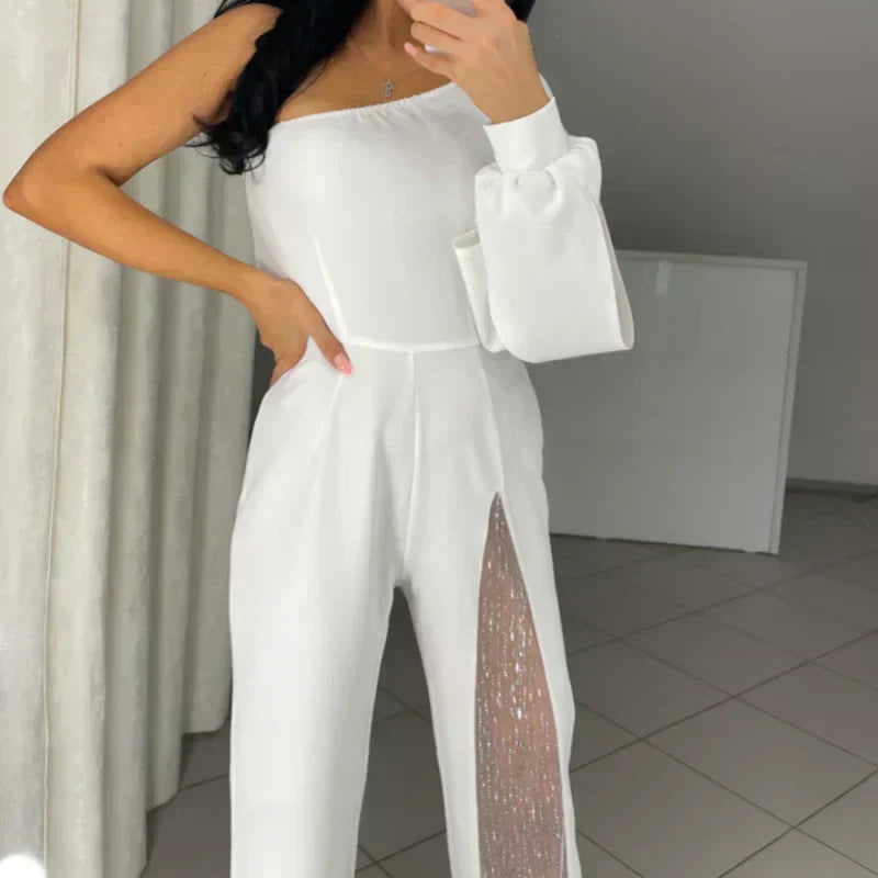 💕Utslått jumpsuit i glitrende mesh med én skulder for kvinner