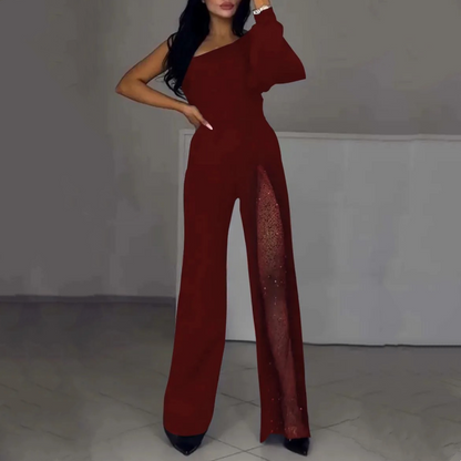 💕Utslått jumpsuit i glitrende mesh med én skulder for kvinner