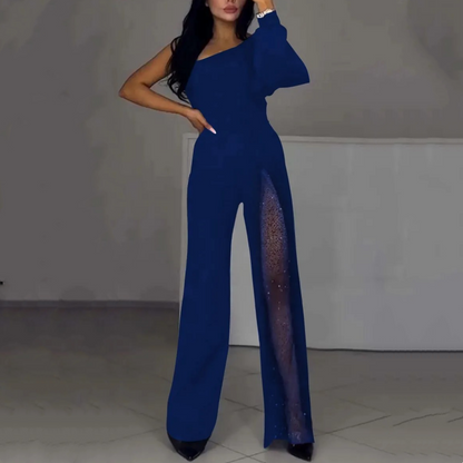 💕Utslått jumpsuit i glitrende mesh med én skulder for kvinner