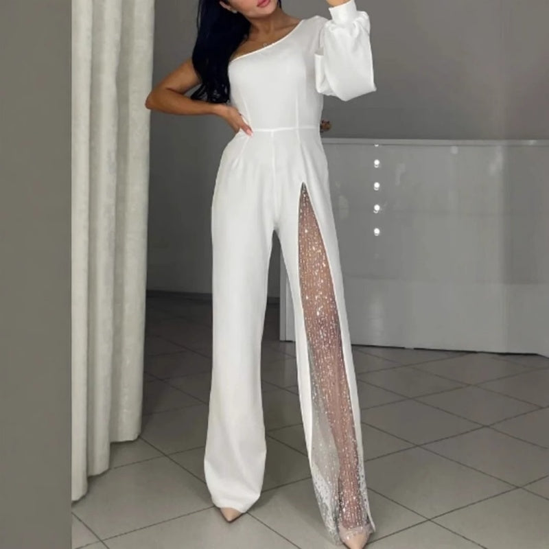 💕Utslått jumpsuit i glitrende mesh med én skulder for kvinner