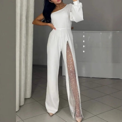 💕Utslått jumpsuit i glitrende mesh med én skulder for kvinner