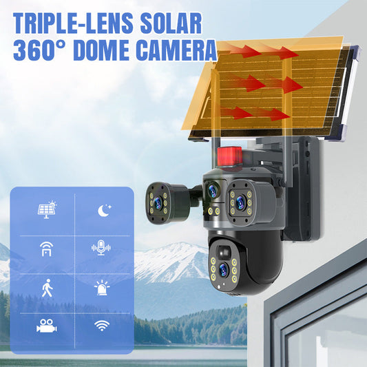 💥2025 Nytt hotsalg🎥 Solcelledrevet 360° domekamera med trippel linse