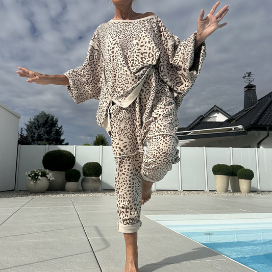 Dame leopardmønster 2-delt sett med topp og bukser